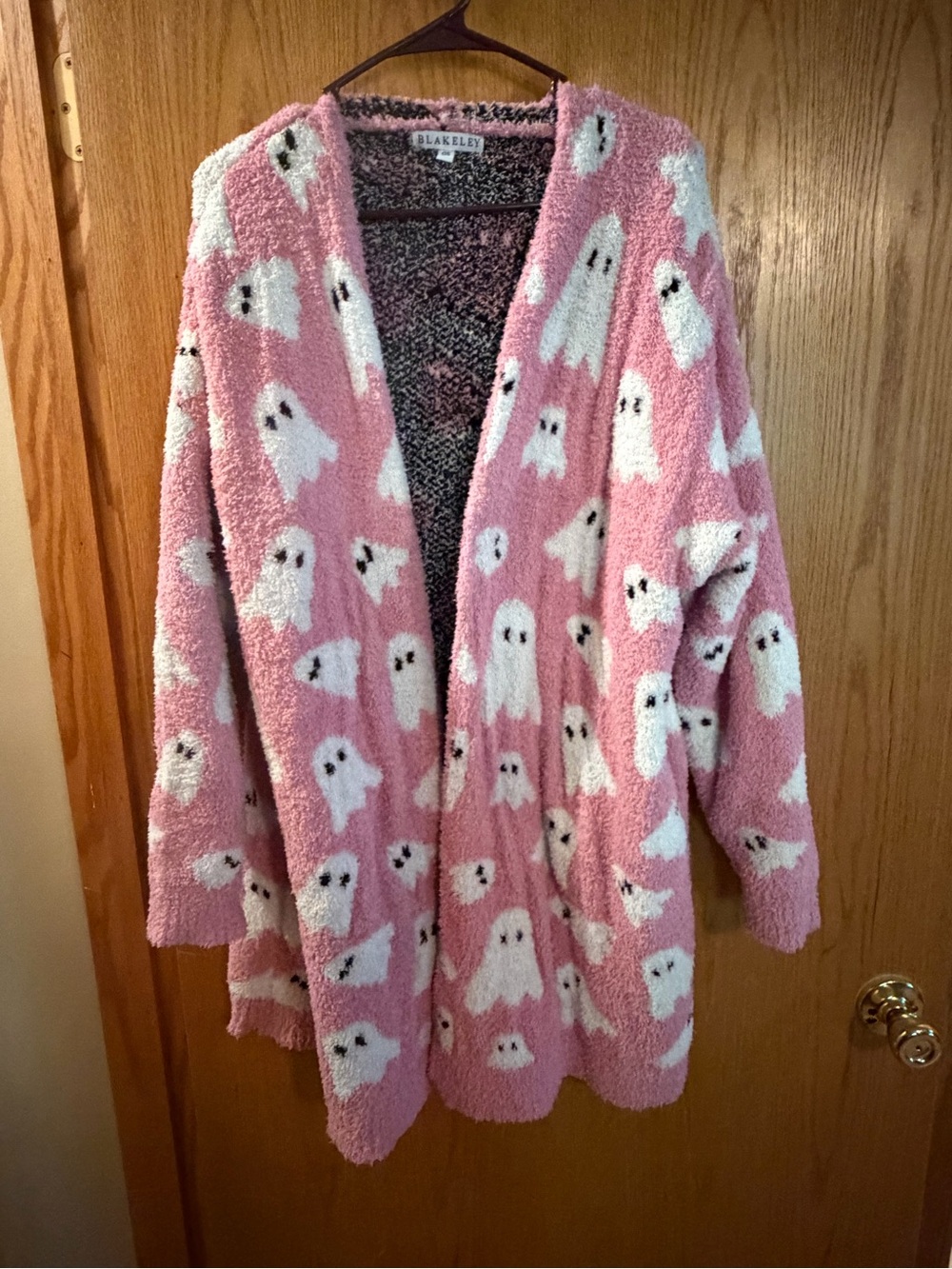 Blakely Pink Ghost-Print Cozy Open-Front Cardigan